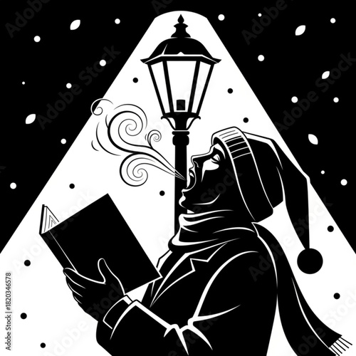 Black and white illustration of a Christmas caroler singing in the winter.