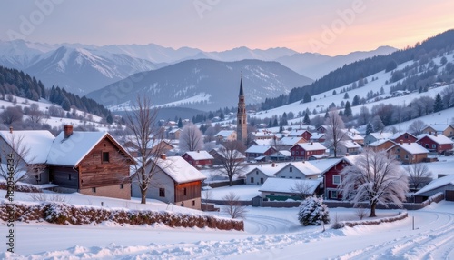 Snowy mountain village scene with traditional wooden houses nestled in a valley under soft twilight sky