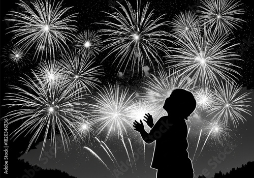 Silhouette of a small child looking up in wonder at fireworks.