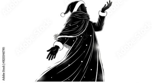 Enigmatic robed figure with a Santa hat in a black and white illustration.