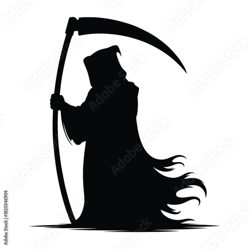 A dark silhouette of the grim reaper, representing death, holding a scythe, symbolizing mortality and fear