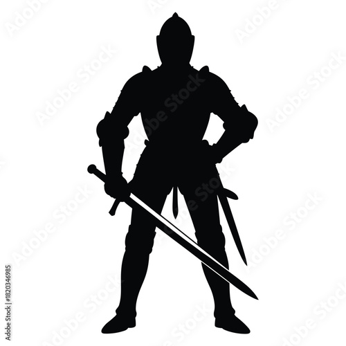 Silhouette of a medieval knight in full plate armor, standing with a large sword, embodying strength, history, and ancient warfare