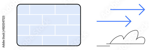 Brick wall facing arrows and cloud lines symbolizing resilience, progress, and overcoming challenges. Ideal for innovation, strategy, progress, determination, change resistance motivation. A simple
