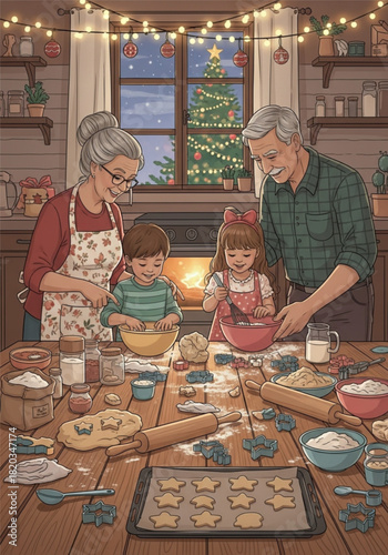 Grandparents and grandchildren joyfully baking Christmas cookies together in a cozy kitchen.