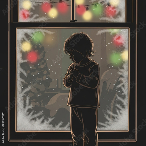Silhouette of a young child standing alone by a window.