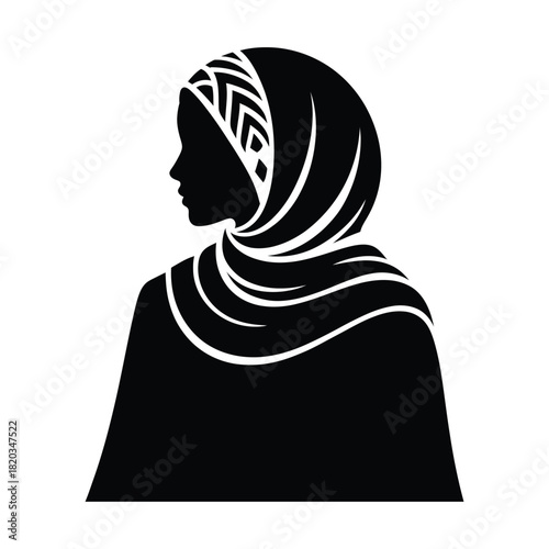 Silhouette of a woman wearing a traditional hijab with decorative patterns, representing modesty, culture, and identity in a simple graphic style