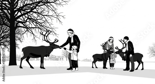 Black and white illustration of families interacting with reindeer in a snowy park.
