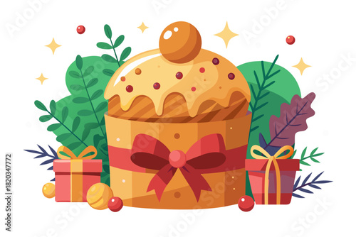 Festive panettone in decorative packaging with a vibrant ribbon, surrounded by colorful gifts and lush greenery, creating a joyful holiday atmosphere for celebrations