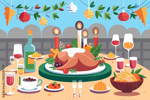 Vector illustration of a festive Christmas dinner table featuring a beautifully roasted turkey, colorful dishes, and decorative elements creating a warm holiday atmosphere