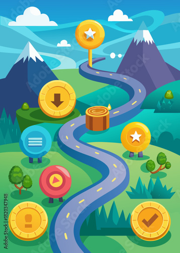 Clean vector illustration of a gamified route featuring colorful tokens as achievements along a winding path through vibrant hills and mountains, creating an engaging visual experience