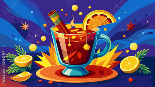 Festive illustration of mulled wine in a glass mug, garnished with orange slices and cinnamon sticks, surrounded by vibrant holiday elements and a cheerful atmosphere