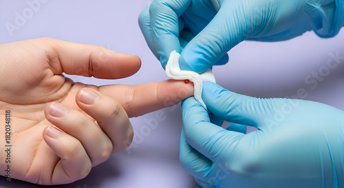 Close-up of a finger prick blood test a medical professional collects a blood sample for diagnostic purposes