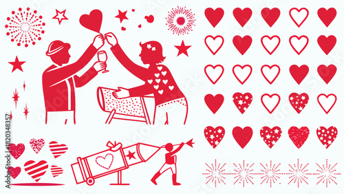 Romantic couple celebrating with hearts and fireworks illustrating love and joyful moments