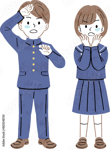 驚きと困惑の表情の制服姿の男女の学生のイラスト　全身