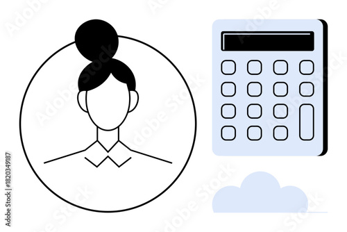 Outline of a woman with a bun next to a calculator and cloud icon. Ideal for finance, budgeting, digital tools, mathematics, accounting, education, organization. Simple flat metaphor