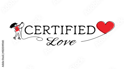 A whimsical illustration of a person holding a string attached to a red heart symbolizing certified love
