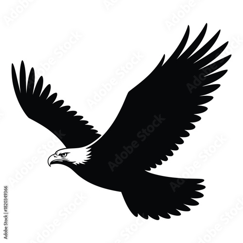 A majestic bald eagle in flight, depicted as a powerful black silhouette with a distinctive white head, soaring gracefully