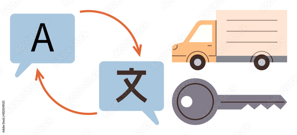 custom made wallpaper toronto digitalSpeech bubbles with arrows between, a delivery truck, and a key convey translation concepts. Ideal for language exchange, global communication, delivery service, logistics, secure exchange, cultural