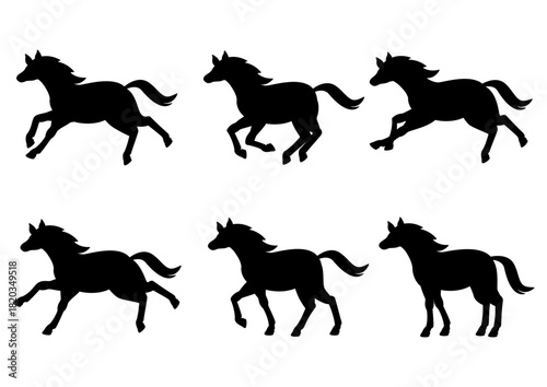 馬のシルエットポーズセット/走る動きをまとめた黒一色のベクター素材