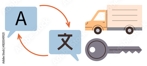 Speech bubbles with arrows between, a delivery truck, and a key convey translation concepts. Ideal for language exchange, global communication, delivery service, logistics, secure exchange, cultural