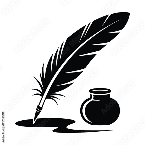 A classic black quill pen and an inkwell with spilled ink, symbolizing writing, education, and historical communication