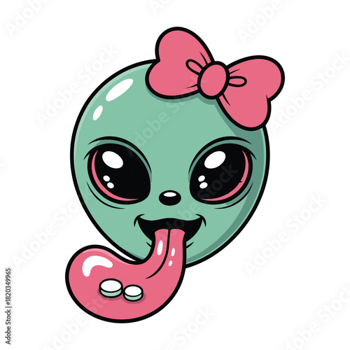 Cute cartoon alien girl head with a pink bow, big sparkling eyes, and a long tongue sticking out with two pills
