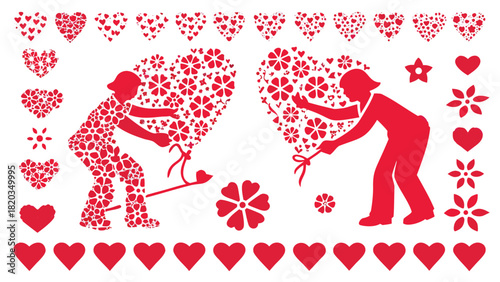 Two silhouettes building hearts out of red flowers and hearts for valentine s day celebration