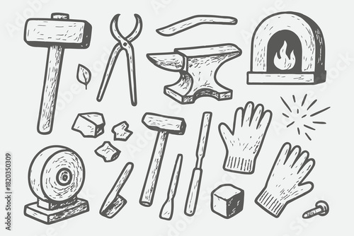Hand-Drawn Metalworking and Forging Tool Sketch Collection