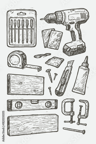 Hand-Drawn DIY Home Repair Tool Sketch Set