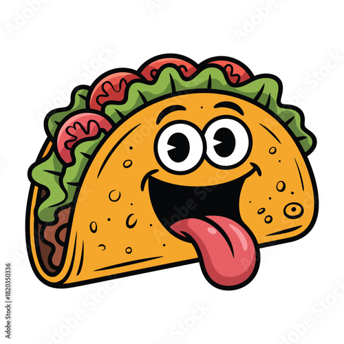A cheerful cartoon taco character with a happy expression and its tongue sticking out, filled with fresh ingredients