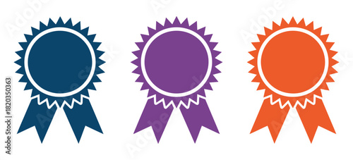 Colorful Award Ribbons Vector – Blue, Purple, Red Prize Rosettes, First Place Winner Illustration, Quality Award, Event Celebration Graphics, Achievement Vector, Flat Design, Prize Ribbon Artwork
