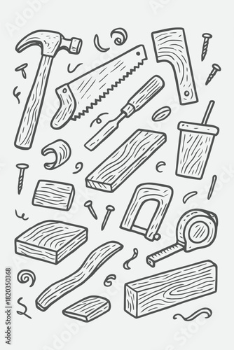 Carpenter Tool Sketch Set | Hand-Drawn Woodworking Doodles & Workshop Elements