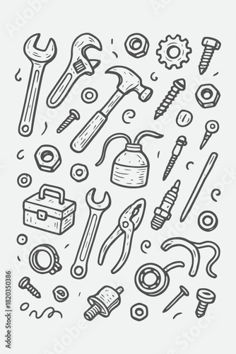 Mechanic Tool Doodle Set | Hand-Drawn Workshop Parts & Industrial Line Art