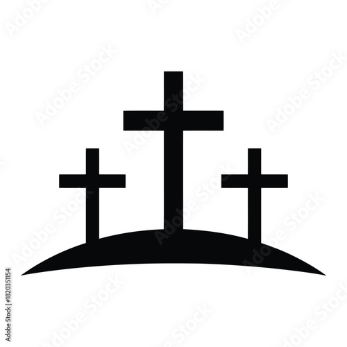 Black silhouette of three crosses on a hill, symbolizing calvary or golgotha, a powerful christian religious icon