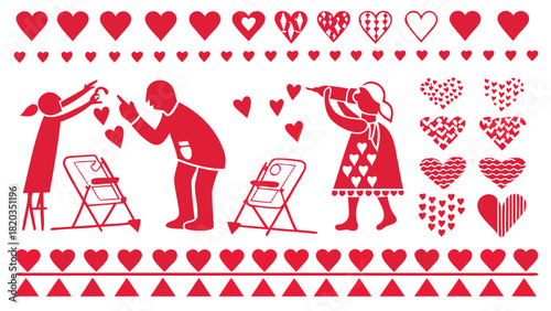 A whimsical collection of red heart designs and silhouettes of people interacting with hearts and chairs