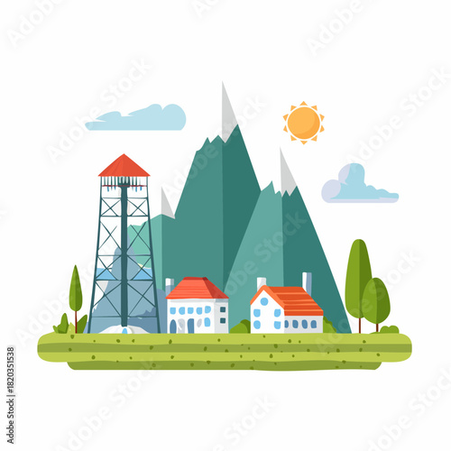 Nature and landscape. Vector modern geometric illustration of mountain, houses and tower, village, eco farm