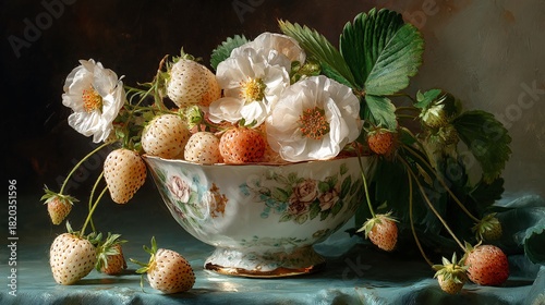 Fresh Strawberries and Blossoms in Elegant Bowl Arrangement
