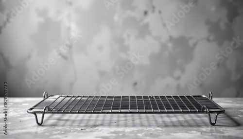 Chrome wire cooling rack sits elevated on a textured gray stone surface against a blurred background