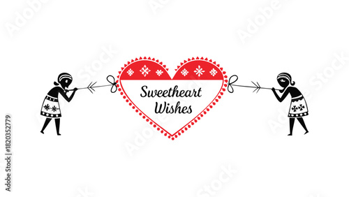 Two stylized figures holding arrows connected to a heart with sweetheart wishes text
