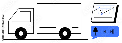 Delivery truck alongside analytics dashboard and voice waveform feature. Ideal for logistics, delivery tracking, data management, fleet optimization, communication, AI, and innovation. Simple flat