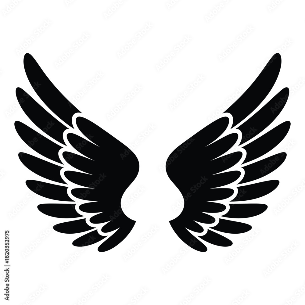 Obraz premium Black silhouette of a pair of stylized angel or bird wings, spread wide, symbolizing freedom, flight, and spirituality