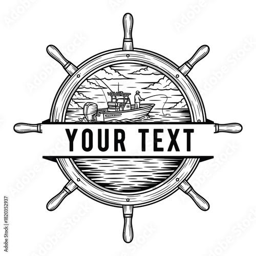 Nautical ship wheel with fishing boat scene and customizable text area