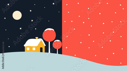 Stylized Winter Landscape with Snowy House and Trees at Night and Day