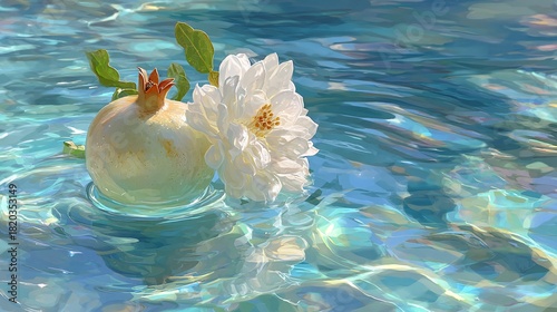 White Flower and Pomegranate in Tranquil Blue Water Surface