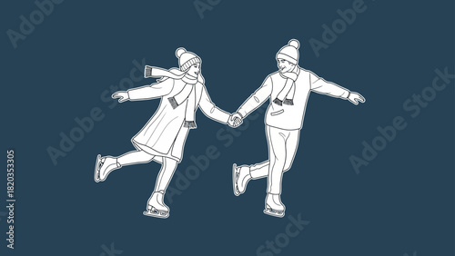 Couple Ice Skating Holding Hands in Winter Outline