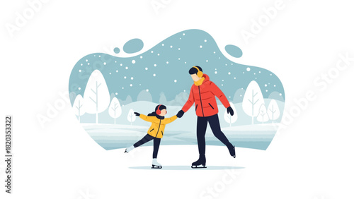Father and Daughter Enjoying Ice Skating in a Snowy Winter Landscape