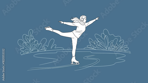 Graceful Ice Skater Performing a Spiral on a Winter Day