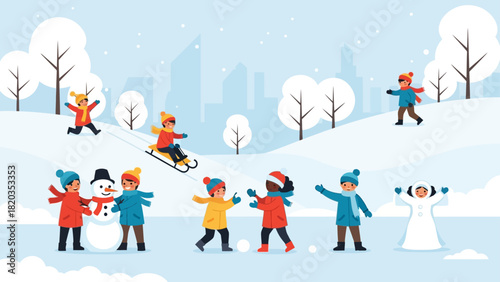 Joyful children playing and making a snowman in a snowy urban park during winter.