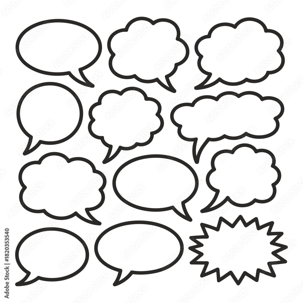 Fototapeta premium Collection of diverse comic book style speech bubbles and thought clouds