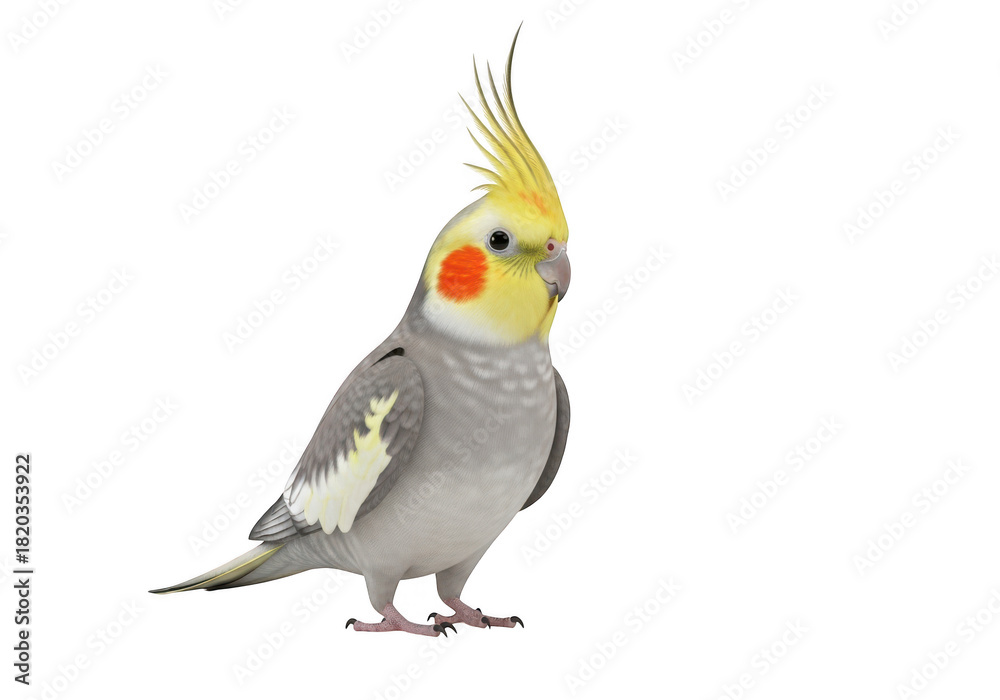 Fototapeta premium Cockatiel bird isolated on white background, pet avian with yellow crest isolated on transparent background